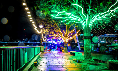 Wall Mural - A view of Thames embankment in the night at Christmas time, London