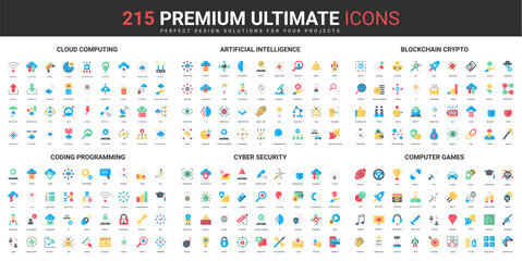 Fototapete - Cloud computing, AI technology color flat icons set vector illustration. Abstract symbols of artificial intelligence and programming, blockchain, cyber security simple design for mobile and web apps