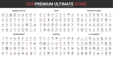 Poster - Modern city and lifestyle thin line red black icons set vector illustration. Abstract symbols of sport workout planner, urban elements and entertainment, shopping simple design mobile, web apps