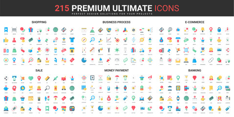 Leinwandbilder - Banking, money payment, sales of ecommerce color flat icons set vector illustration. Abstract symbols of success business processes, shopping in retail store simple design for mobile and web apps