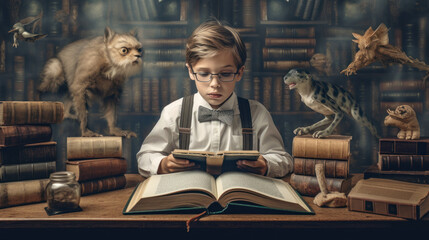 A boy reading a mysterious old book in a secret library, with fantastic creatures around him, generative ai