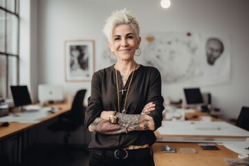 Cool female fashion designer, mature age, smiling face, looking at camera, very trendy hair, piercing, tattoo, standing at office desk, laptop, trendy interior office. Generative AI AIG20.