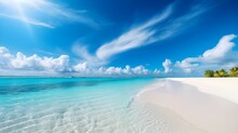 Beautiful Tropical Wave Of Summer Sea Surf. Soft Turquoise Blue Ocean Wave On The Golden Sandy Beach, Generative AI