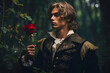 © MVProductions - Portrait of an unknown male fairytale character holding a rose. Dreamy and mysterious. Generative AI