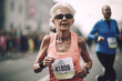 © lanych - Active senior woman running marathon, closeup. Generative AI