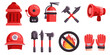 Firefighter tools collection set icon objects no fire sign megaphone shovel fire axe helmet alarm hydrant and fire extinguisher emergency protection safety rescue