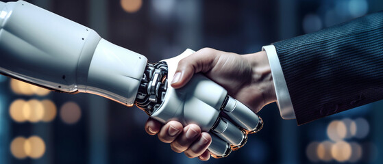 hand of AI modern AI robot shake hand with business man in big database servers room, Generative AI.