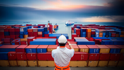 An engineer from behind at busy port full with ships and containers. Generative AI.