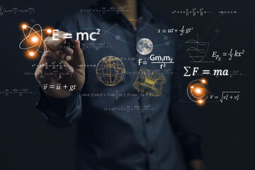Scientists use a pen to write physics or mathematical equations to solve problems or to teach. Albert Einstein's equation energy mass speed of light Emc2. Newton's Law of Motion Force Fma.