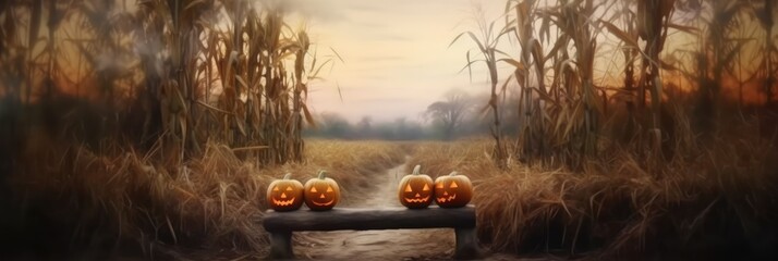 Three pumpkins sitting on top of an old wooden bridge over the river