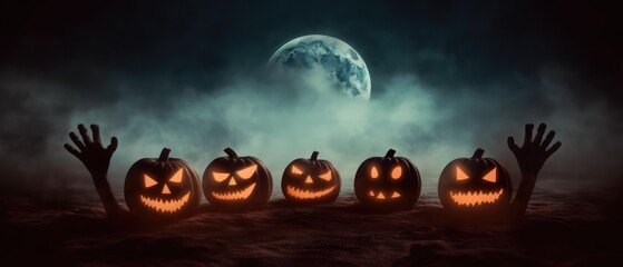 Wall Mural - A row of five pumpkins with carved faces stands on the ground in front of an eerie, foggy, moonlit night sky. Behind them, you can see two zombie hands reaching out from under the mist.