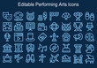 Performance line icon set. Included the icons as mask, mime, stage, concert and more. Theatre icon collection. Duotone color. Vector illustration. Containing spotlight, queue, stage, sound system.