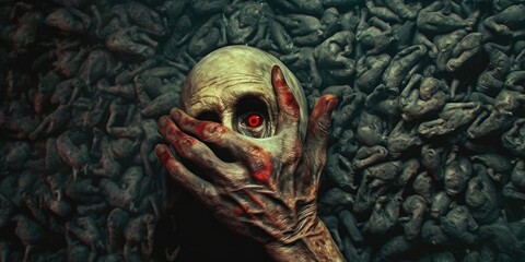 A close-up of the faceless zombie with red eyes and no nose, covered in dark black soot. 