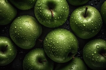 Wall Mural - Green apples with water drops on dark background, top view. Space for text. Ai generated.