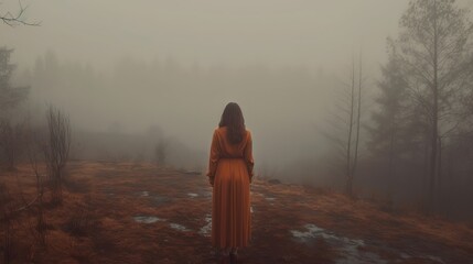 Wall Mural - Cautious woman standing by timberland in foggy climate. Creative resource, AI Generated