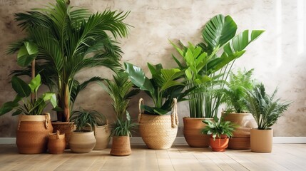 Wall Mural - Unmistakable tropical plants in wicker pots near white divider at family. Creative resource, AI Generated