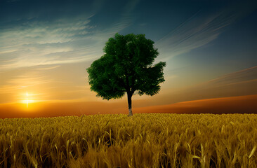 wide angle shot of a single tree growing under a clouded sky during a sunset surrounded by grass ai 
