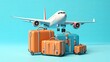 luggage or baggage and planes placed on passport for making advertising media about tourism and all object on blue background, vector 3d on blue background for travel generative ai