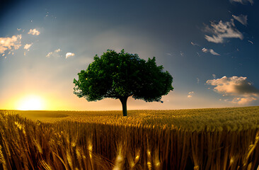 Wide angle shot of a single tree growing under a clouded sky during a sunset surrounded by grass AI Generated