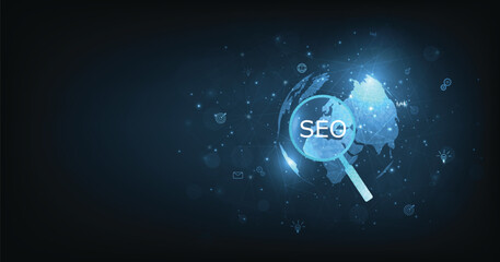 Poster - (SEO) Search Engine Optimization. Internet technology for business companies. Search engine optimization (SEO) concept on dark blue background.