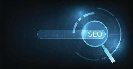 Poster - Search engine optimization (SEO) concept on dark blue background. Internet technology for business companies. Large magnifying glass for monitoring and analyzing data.