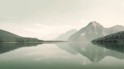 Beautiful mountain lake and natural environment in the morning background. Tranquil panoramic mountainous and nature lake shore scenery. Picturesque generative AI