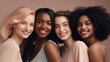© ALEKSANDR - Girls woman multiracial multinational happy laughing on one color monochrome background pastel color