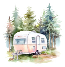 Watercolor Hand Painted Vintage Camping Van And Forest Clipart Isolated. Generative AI.
