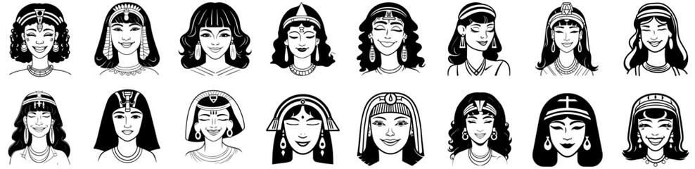 Set of Cleopatra the queen of ancient Egypt, icon vector, cute cartoon.