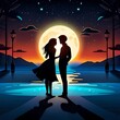 A young couple falling in love in night and brightfull moon in the sky , Bioluminescene and neon lighting. Created with Generative AI