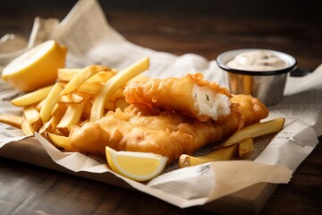 A fish and chips dish with crispy fries and a side of tangy tartar sauce is served on a newspaper tray. (Generative AI)