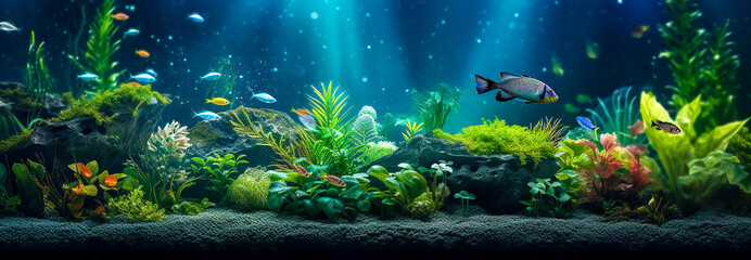 Wall Mural - aquarium, colorful underwater world with fish and plants, banner with copy space, made with Generative AI