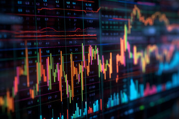 Leinwandbilder -  A close-up shot of a stock market chart on a computer screen, highlighting the intricate details and patterns formed by the lines.  Generative AI technology.