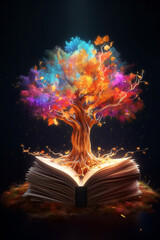 Aufkleber -  An illustration of an abstract book merging with a tree, representing the intertwining relationship between literature and the natural world. Generative AI technology.