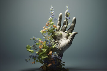 Leinwandbilder -  An abstract sculpture of an open hand, with delicate vines or flowers growing from it, representing the nurturing and life-giving nature of hope.  Generative AI technology.
