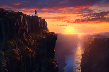 Leinwandbilder -  A photograph capturing the silhouette of a person standing at the edge of a cliff, gazing at a breathtaking sunset, symbolizing the hope and awe-inspiring beauty of nature.  Generative AI technology.
