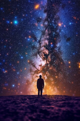 Leinwandbilder -  A digital composition of a person's silhouette against a backdrop of stars and galaxies, signifying the vastness of the universe.  Generative AI technology.