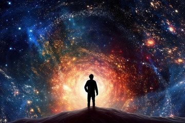 Leinwandbilder -  An illustration of a person's silhouette against a backdrop of a swirling galaxy, showcasing our existence within the vastnes.  Generative AI technology.
