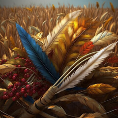 Leinwandbilder -  A creative composition of wheat ears intertwined with other elements, such as feathers or ribbons, creating a whimsical and textured image. Generative AI technology.