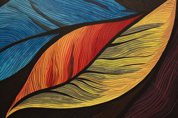 Aufkleber -  An abstract linocut print of a leaf, with bold lines and contrasting textures, conveying a sense of movement and organic energy.  Generative AI technology.
