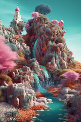 Leinwandbilder -  A digital collage of surreal landscape elements, combining natural and man-made structures in unexpected and imaginative ways.  Generative AI technology.