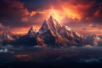 Fototapete -  A digital illustration of a surreal mountain range with upside-down peaks and swirling skies, evoking a sense of awe and wonder.  Generative AI technology.