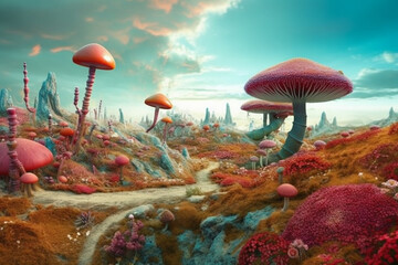 Poster -  A surreal landscape photograph with vibrant colors and distorted proportions, evoking a sense of otherworldliness and mystery.  Generative AI technology.