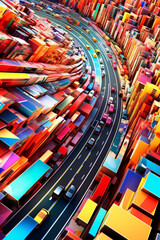 Poster - An abstract digital artwork using geometric shapes and patterns to represent a road, exploring the intersection between art and technology.  Generative AI technology.