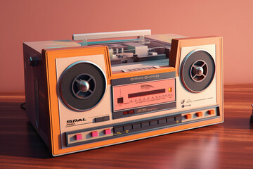 Poster - A photograph of a vintage cassette player with an open tape deck, ready to play music, evoking a sense of retro technology.  Generative AI technology.