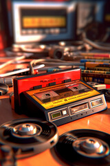 Aufkleber - An image of a cassette tape lying on a table alongside other nostalgic objects, such as vinyl records or an old.  Generative AI technology.