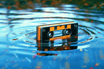 Poster - An image of a cassette tape floating in a pool of water, symbolizing the immersion and emotional connection that music can provide.  Generative AI technology.
