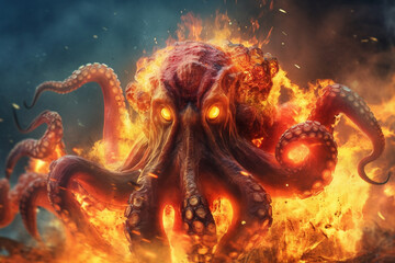Leinwandbilder - A digital illustration of a Octopus engulfed in flames, symbolizing destruction, chaos, or revolution.  Generative AI technology.