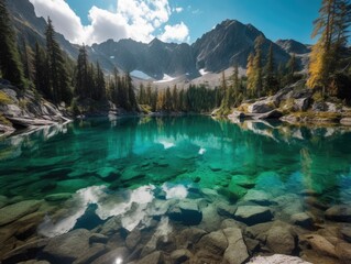 Wall Mural - High up in the mountains, a serene alpine lake