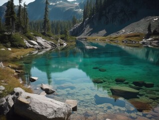 Wall Mural - High up in the mountains, a serene alpine lake